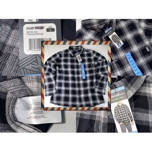 New Eddie Bauer Bristol Flannel Shirt Men Large Black Gray Plaid Workwear Camp